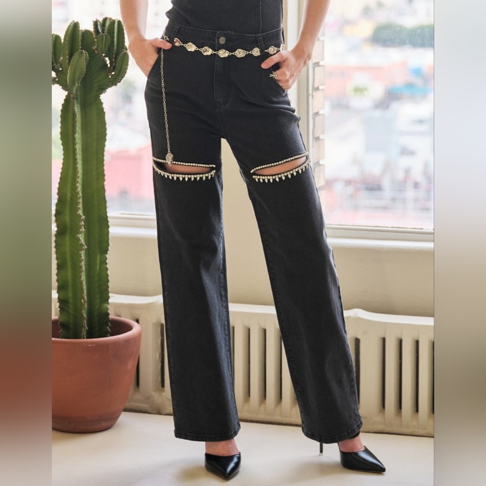 #59585 🛑S, L FABULOUS Cut Out Front Rhinestone Washed Denim Jeans - Picture 7 of 16